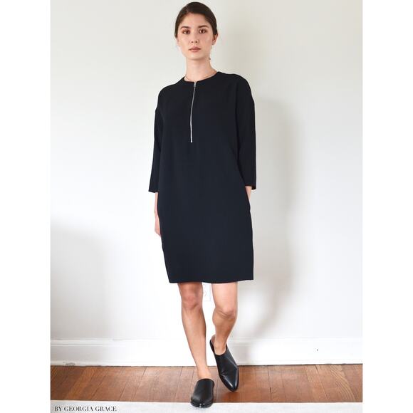 Everlane Japanese GoWeave Front-Zip 3/4 Sleeve Mini Dress in Black - Picture 1 of 13